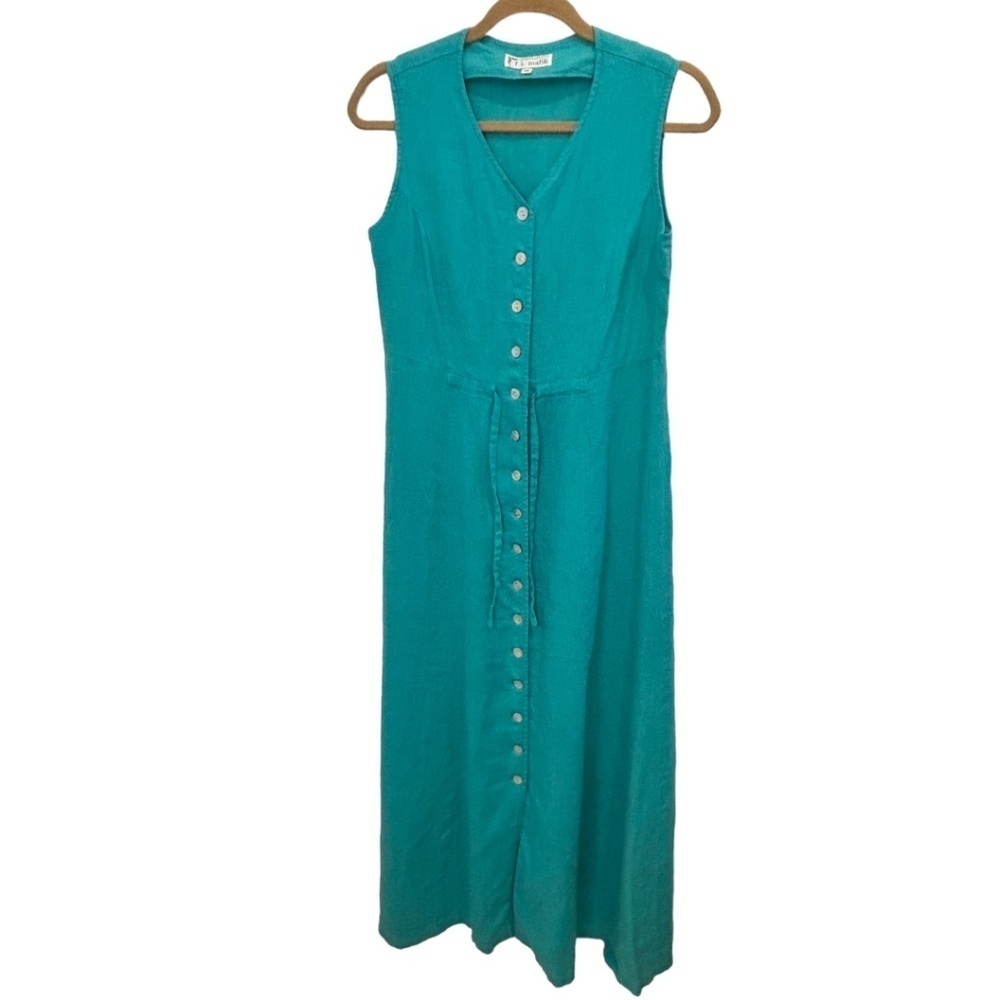 F.L. Malik Sleeveless Button Front Tie Waist V-Neck Linen Maxi Dress Size Medium